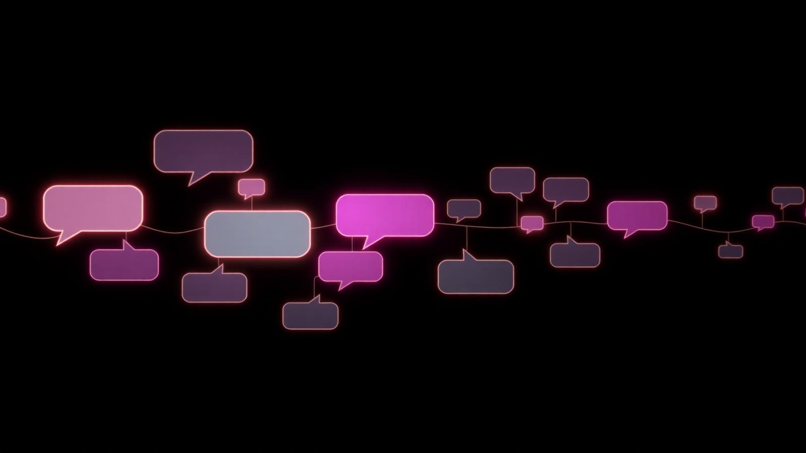 Linha de luz conectando bolhas de conversa em uma linha do tempo