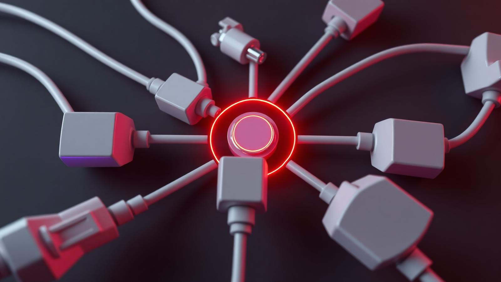 Formas de plugue e soquete conectando-se a um hub central